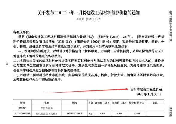 岳阳市2021年第1期工程造价信息