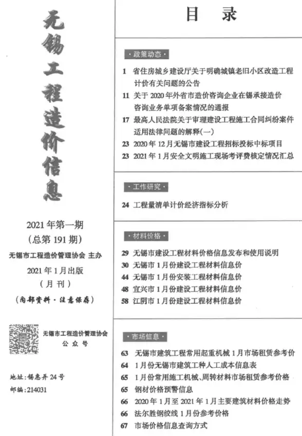 无锡市2021年第1期材料造价信息