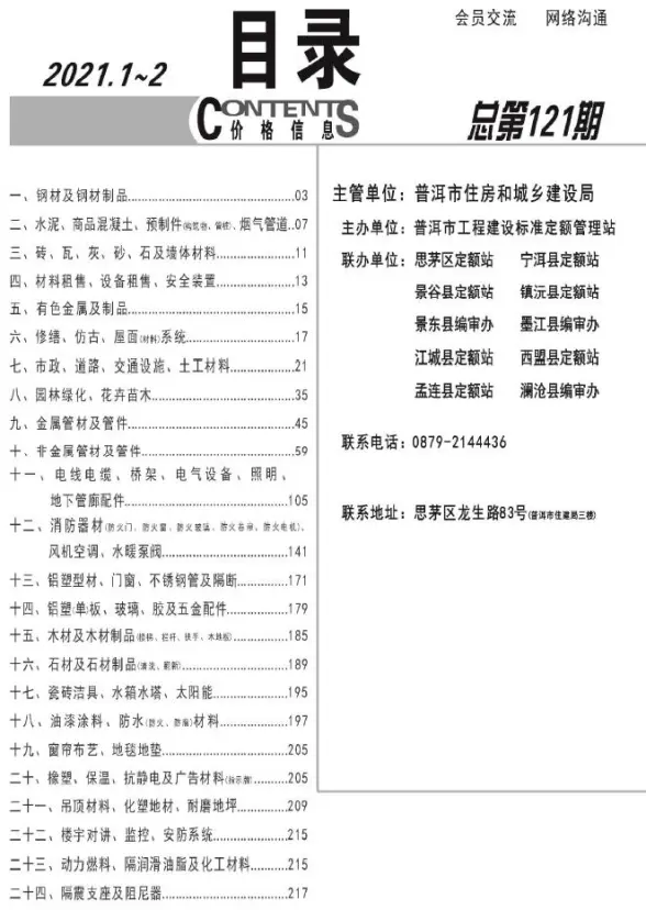 普洱市2021年第1期造价信息