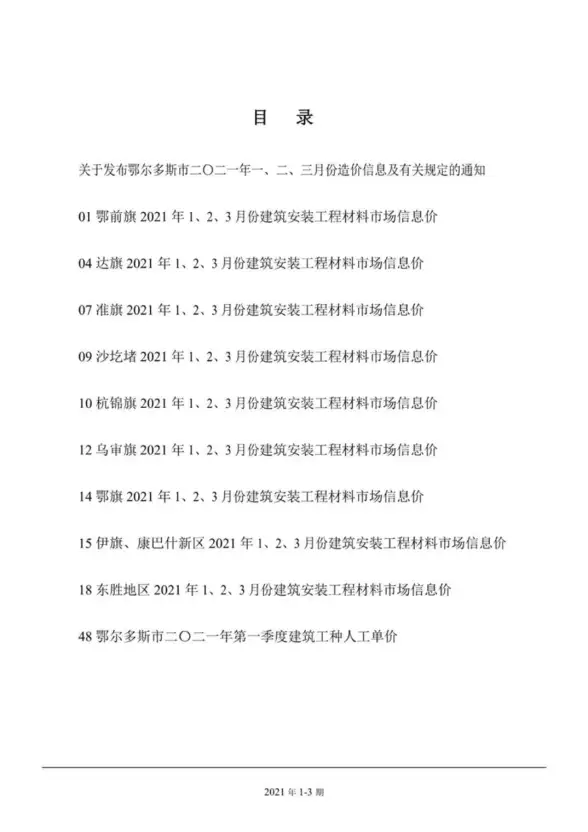 鄂尔多斯市2021年第1期结算造价信息