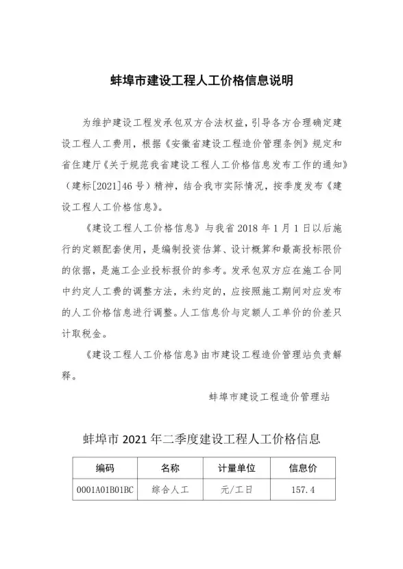 2021年2期蚌埠人工价建材造价信息