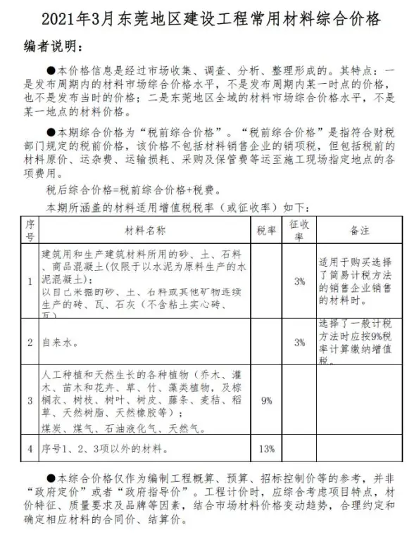 东莞市2021年第3期造价信息