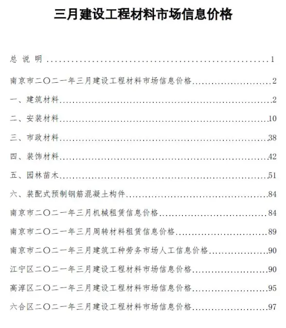 南京市2021年第3期工程造价信息