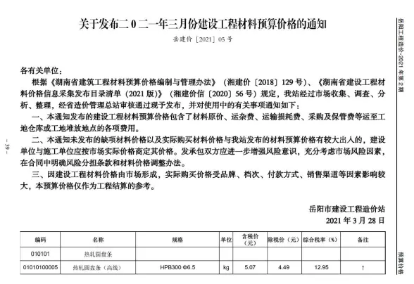 岳阳市2021年第3期工程造价信息