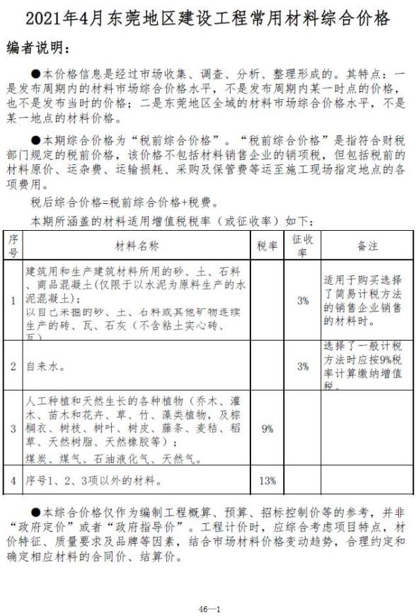 东莞市2021年4期工程信息价