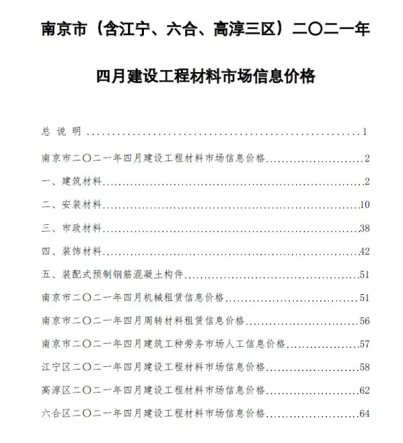 南京市2021年第4期工程造价信息