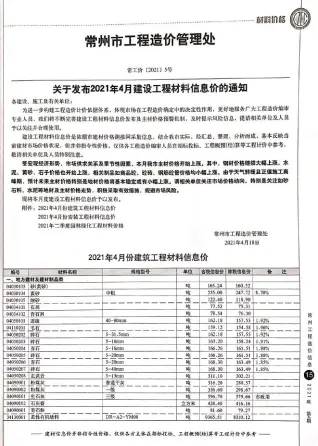 常州2021年第4期人工费工程造价信息价封面