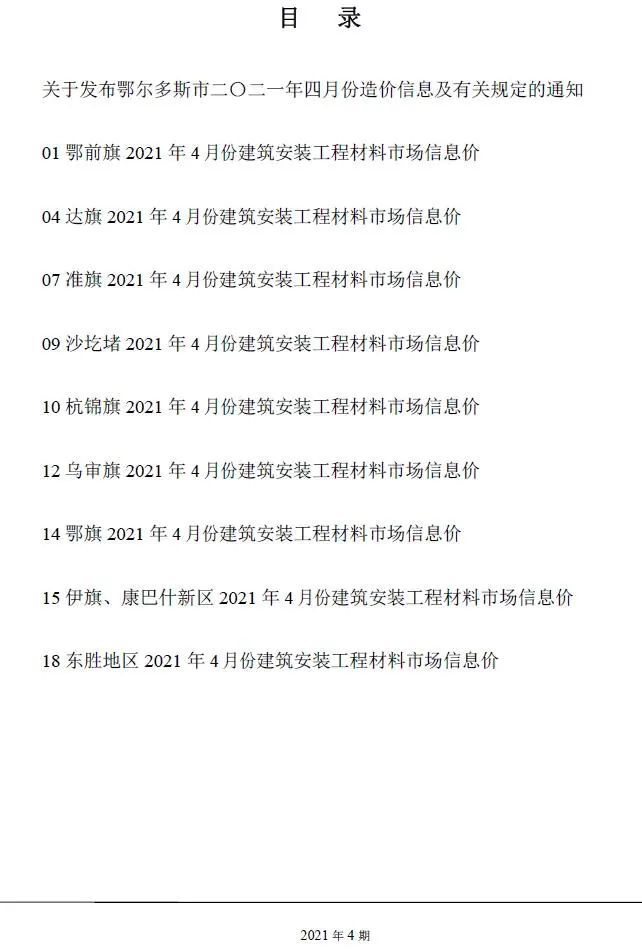 2021年第4期鄂尔多斯工程造价信息