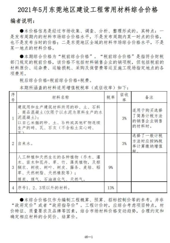 东莞市2021年第5期造价信息