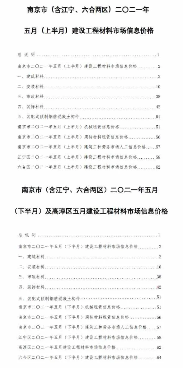 南京2021年第5期建材指导价