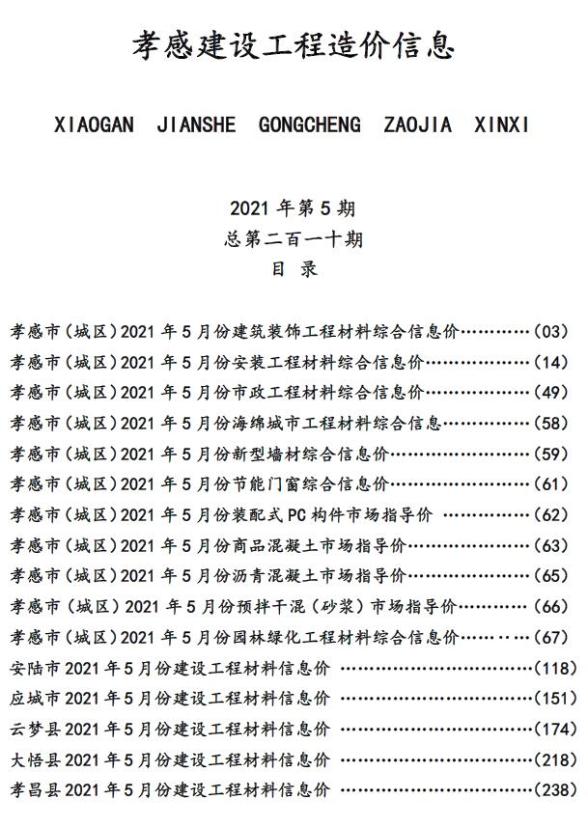 孝感市2021年5期造价信息
