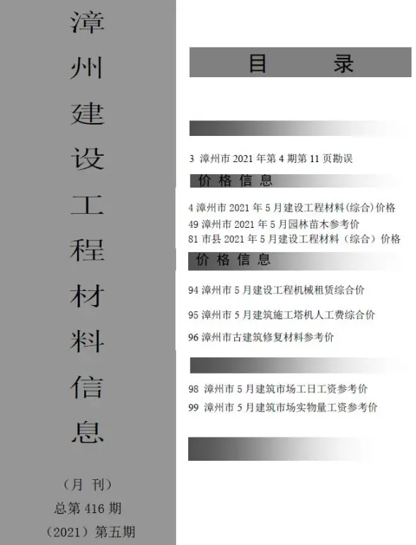 漳州市2021年第5期招标造价信息