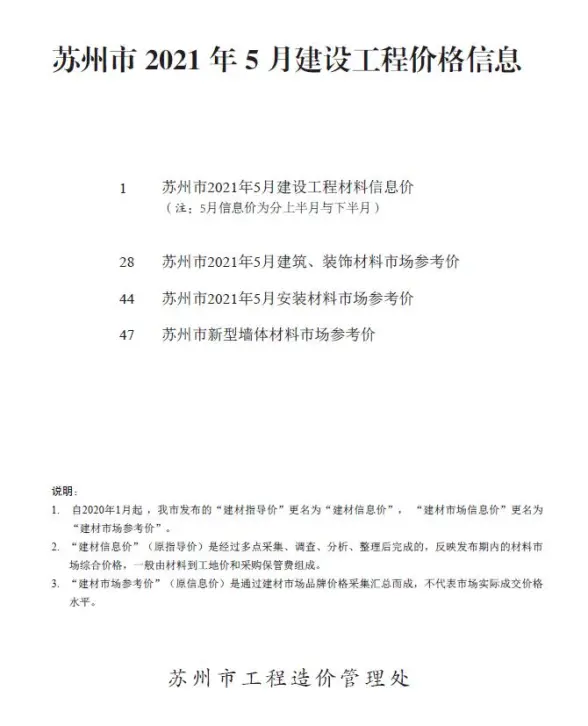 苏州市2021年第5期预算造价信息