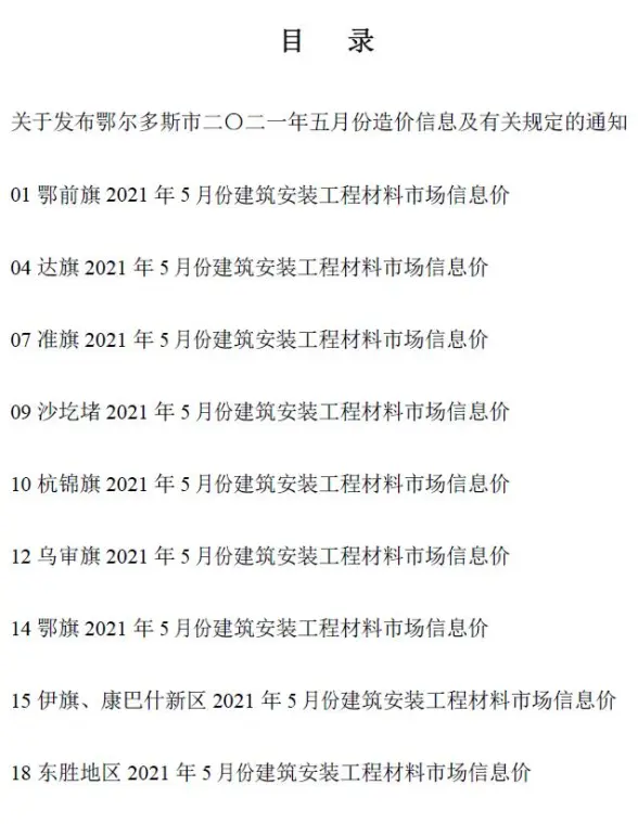 鄂尔多斯市2021年第5期结算造价信息