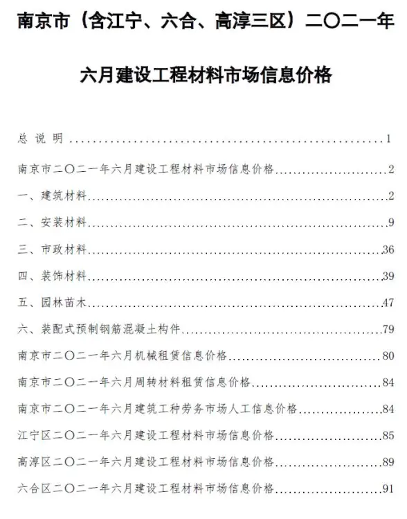 南京市2021年第6期工程造价信息