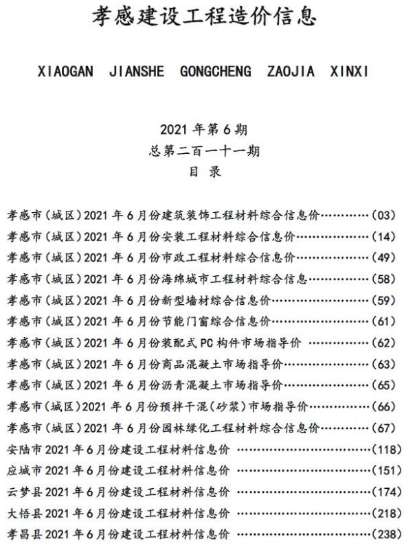 孝感市2021年6期造价信息