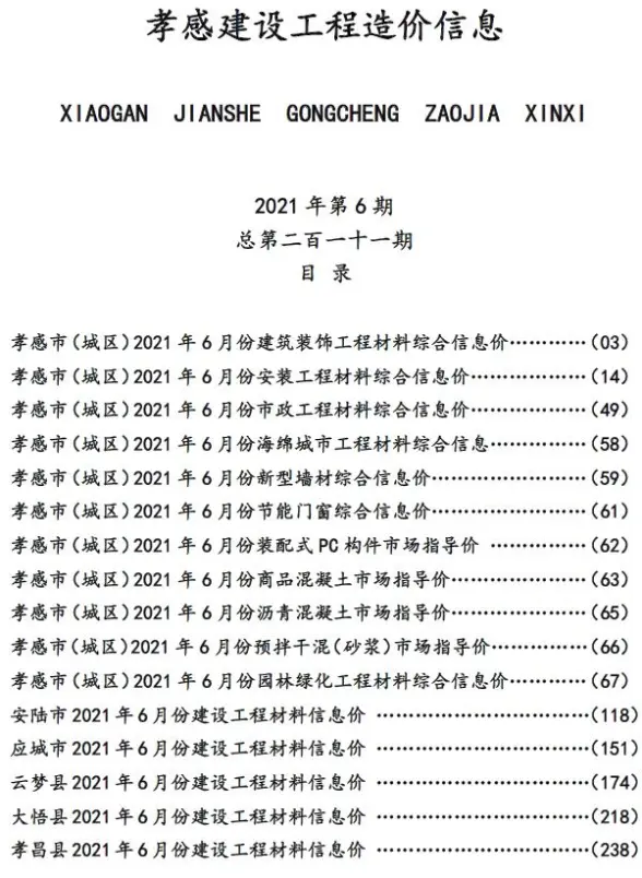 孝感市2021年第6期建筑造价信息