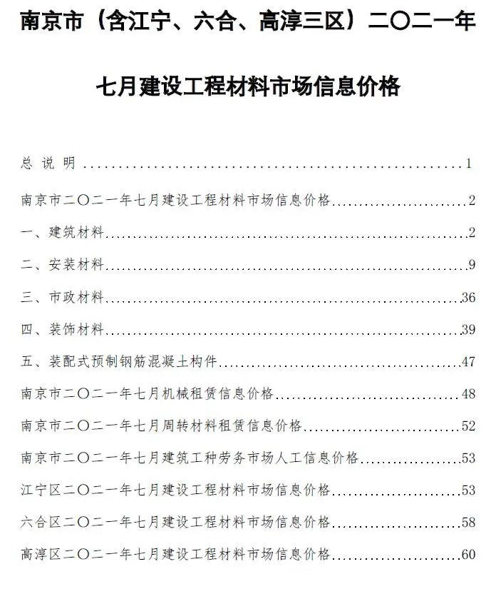 2021年南京建设工程材料市场信息价格