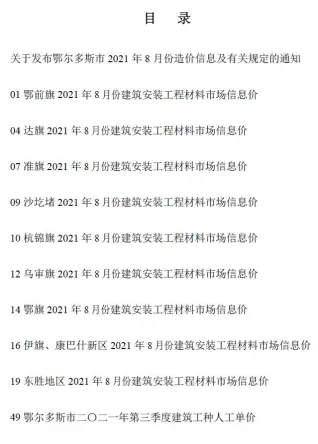 鄂尔多斯市2021年8月造价信息简介首图