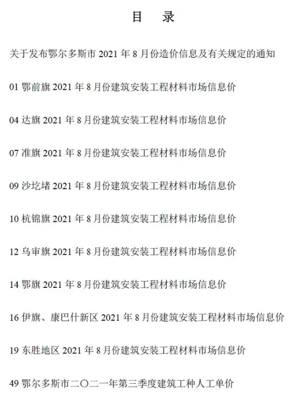 鄂尔多斯市2021年8月结算造价信息