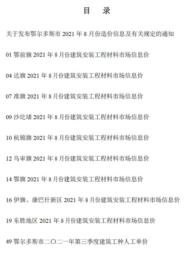 鄂尔多斯2021年8月工程信息价