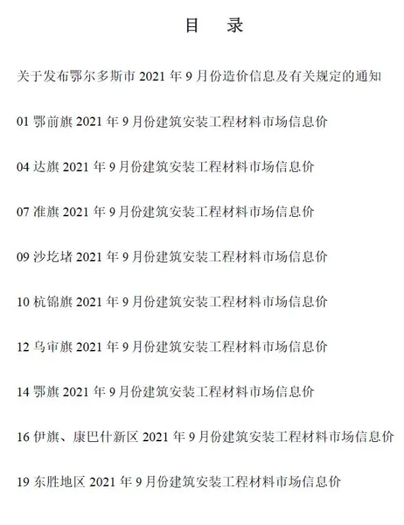 鄂尔多斯市2021年9月结算造价信息