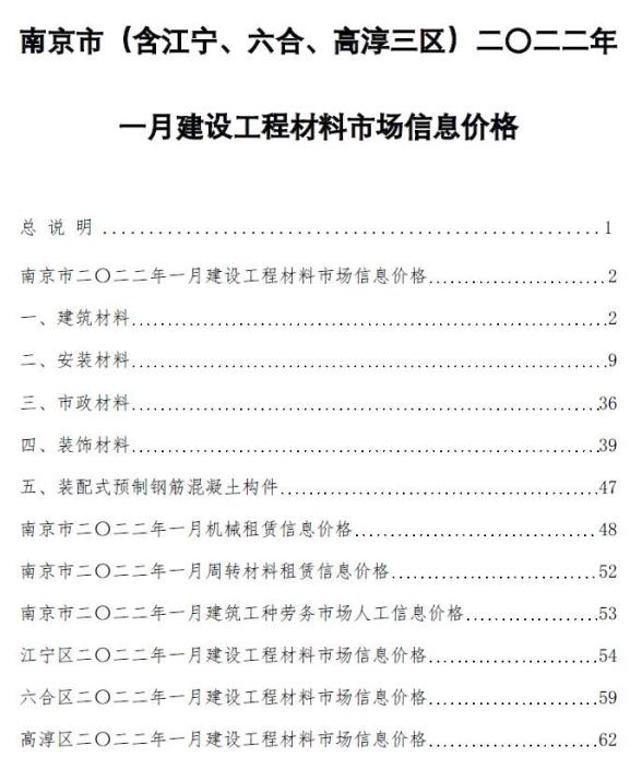 南京市2022年1月造价信息
