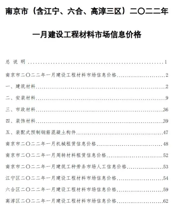 南京市2022年1月造价信息