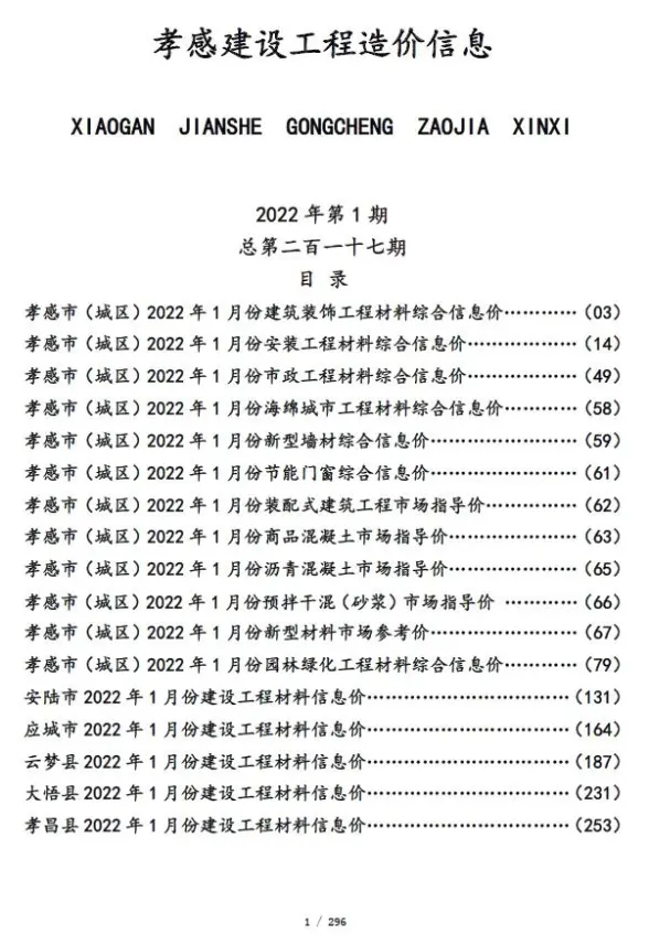 孝感市2022年1月预算造价信息
