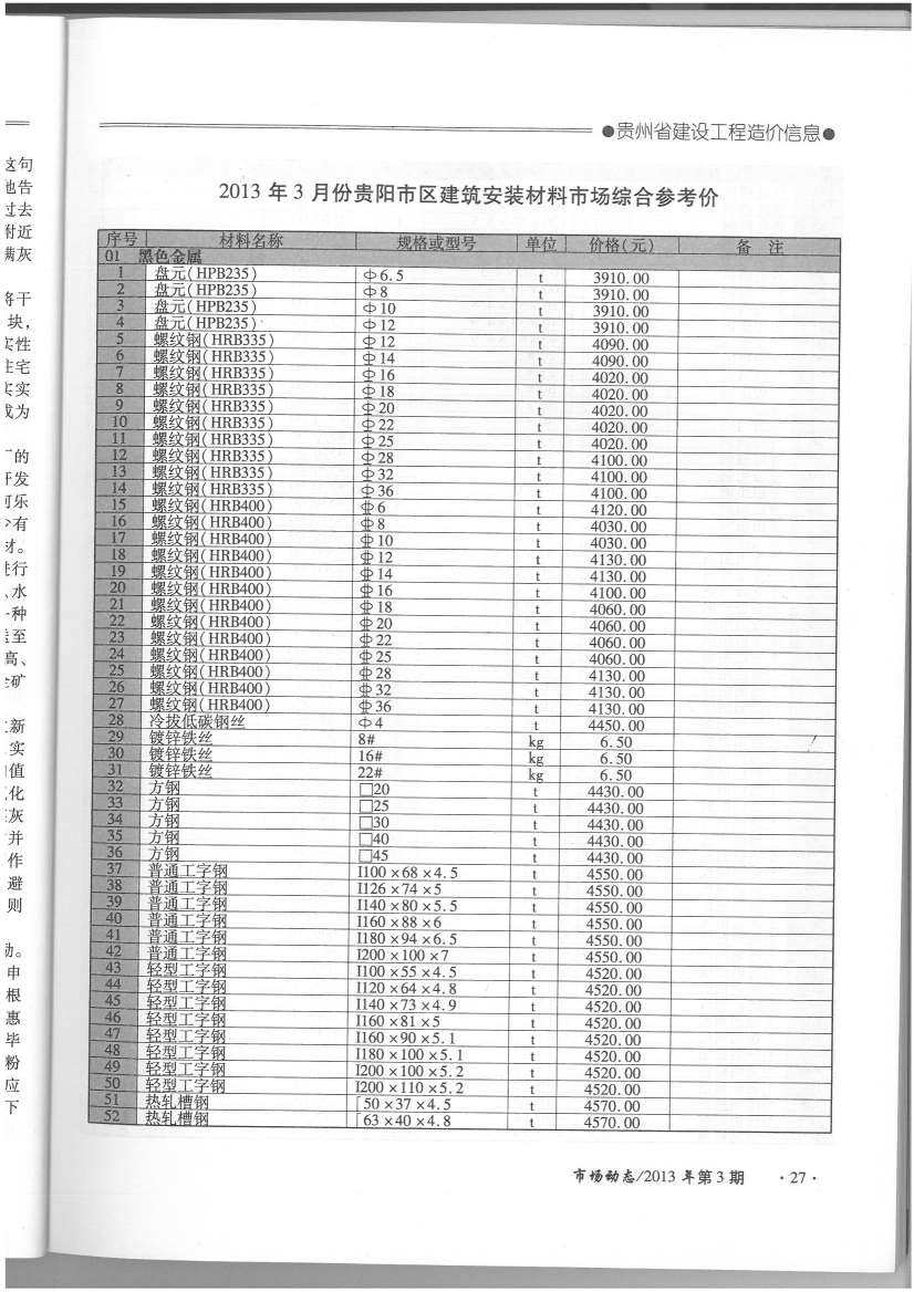 贵州省2013年3月工程造价信息期刊